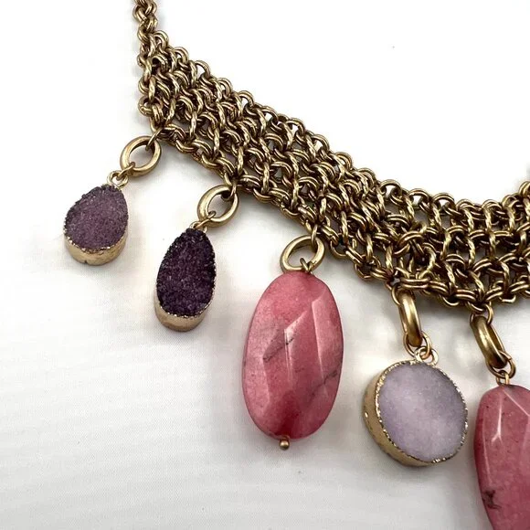 Amazing Chico's bib style necklace, gold tone, Drusy Quartz, Agate dangles - Picture 2 of 9